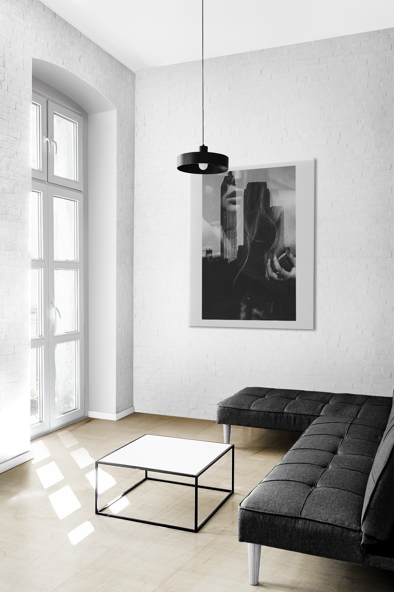 Living room mockup psd editable floor sofa wall and picture frame